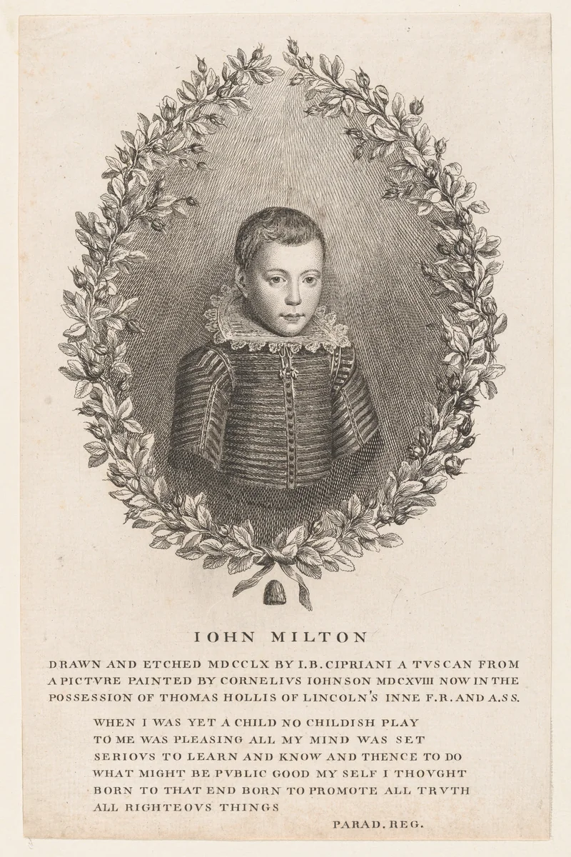 John Milton as a Boy by Giovanni Battista Cipriani, print, 1760