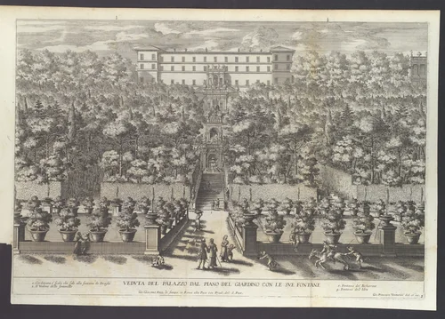 Veduta del Palazzo dal Piano del Giardino con le sue Fontane, from 'La Fontane di Roma nelle Piazze e Luoghi Publici (...)', part 4, 'Le Fontane del Giardino Estense in Tivoli' (plate 3) by Giovanni Francesco Venturini, print, 1691
