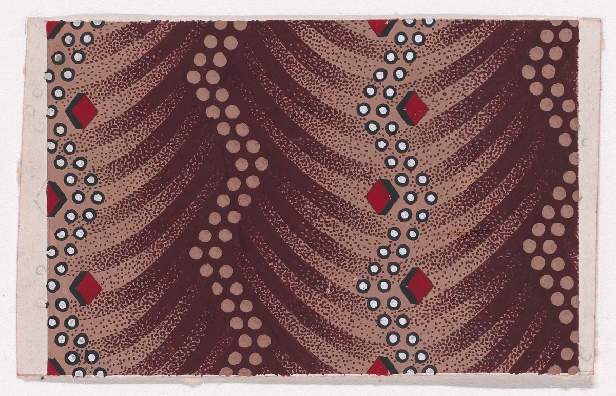 Textile Design with Alternating Vertical Zig-Zagging Strips of Dots and Zig-Zagging Strips of Pearls with Alternating Lozenges over a Background of Overlapping Scales by anonymous, drawing, 1840