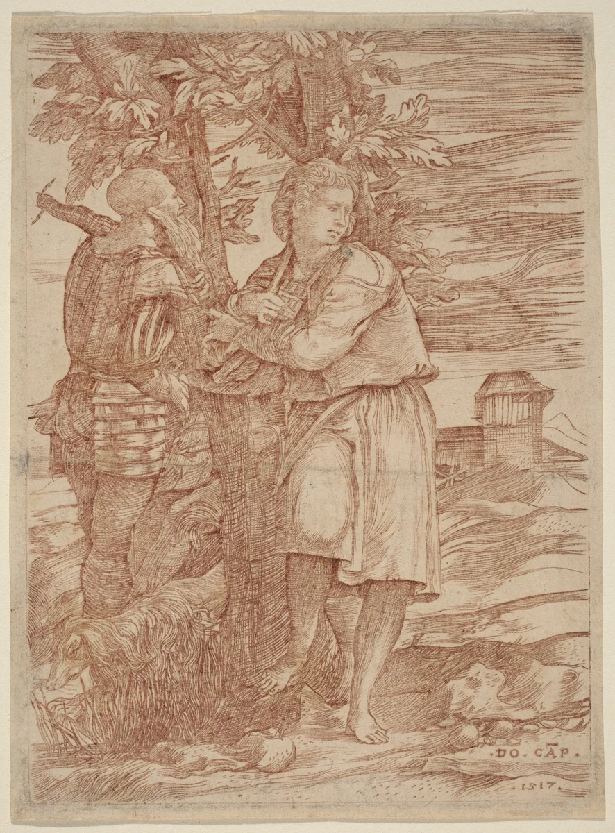 The Shepherd and the Old Warrior by Domenico Campagnola, print, 1517