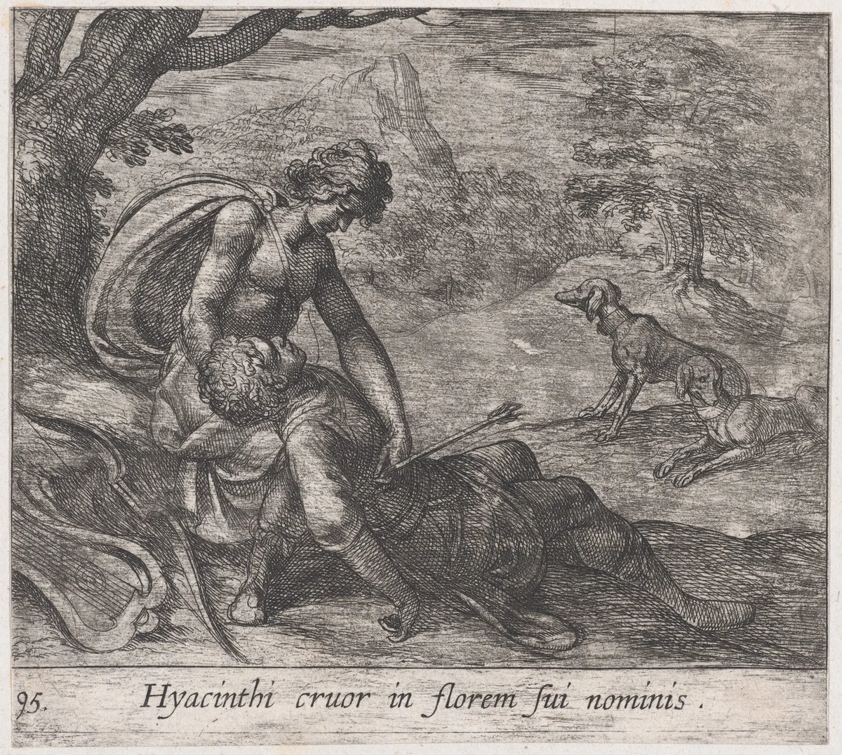 Plate 95: The Death of Hyacinthus (Hyacinthi cruor in florem sui nominis), from Ovid's 'Metamorphoses' by Antonio Tempesta, print, 1606