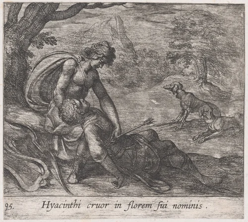 Plate 95: The Death of Hyacinthus (Hyacinthi cruor in florem sui nominis), from Ovid's 'Metamorphoses' by Antonio Tempesta, print, 1606