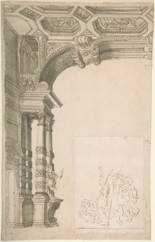 One Half of a Design for an Arch, With a Figural Sketch Pasted at lower right by anonymous, drawing, 1700-1780