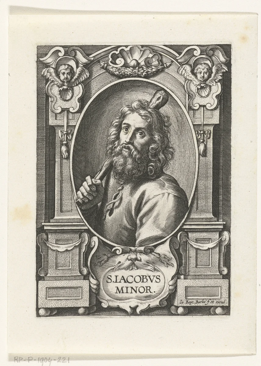 Apostel Jakobus de Mindere (Jacobus Minor) met knots in omlijsting met architectuur ornamenten by Unknown, print, 1588-1648