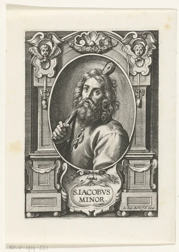 Apostel Jakobus de Mindere (Jacobus Minor) met knots in omlijsting met architectuur ornamenten by Unknown, print, 1588-1648