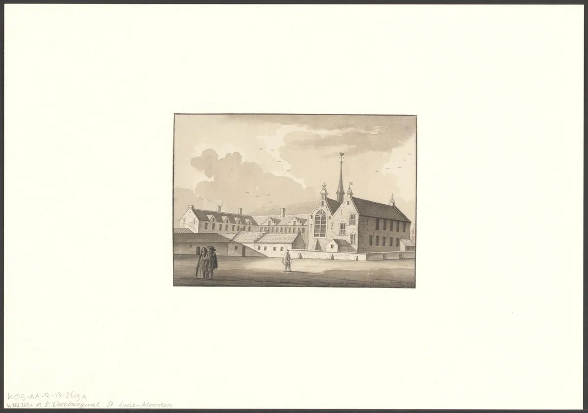 Gezicht op het Sint Luciënklooster aan de Nieuwezijds Voorburgwal by anonymous, drawing, 1700-1799