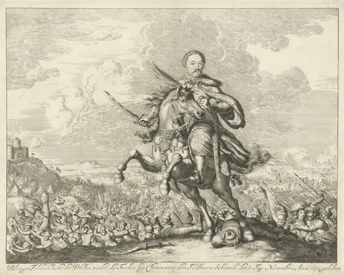 Veldslag tussen Polen en Turken bij Chotyn onder leiding van Jan III Sobieski, 1673 by Jan Luyken, print, 1680