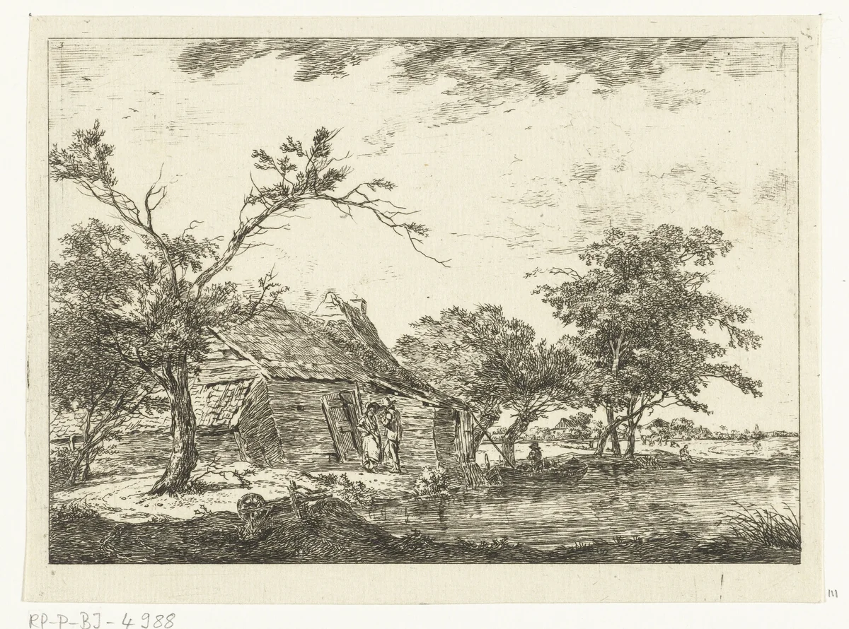 Pratend stel bij boerderij aan waterkant by Hermanus van Brussel, print, 1800-1815