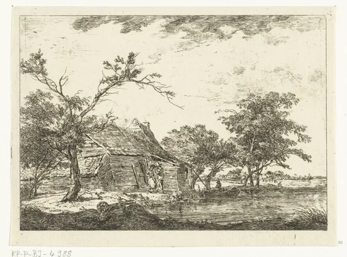 Pratend stel bij boerderij aan waterkant by Hermanus van Brussel, print, 1800-1815