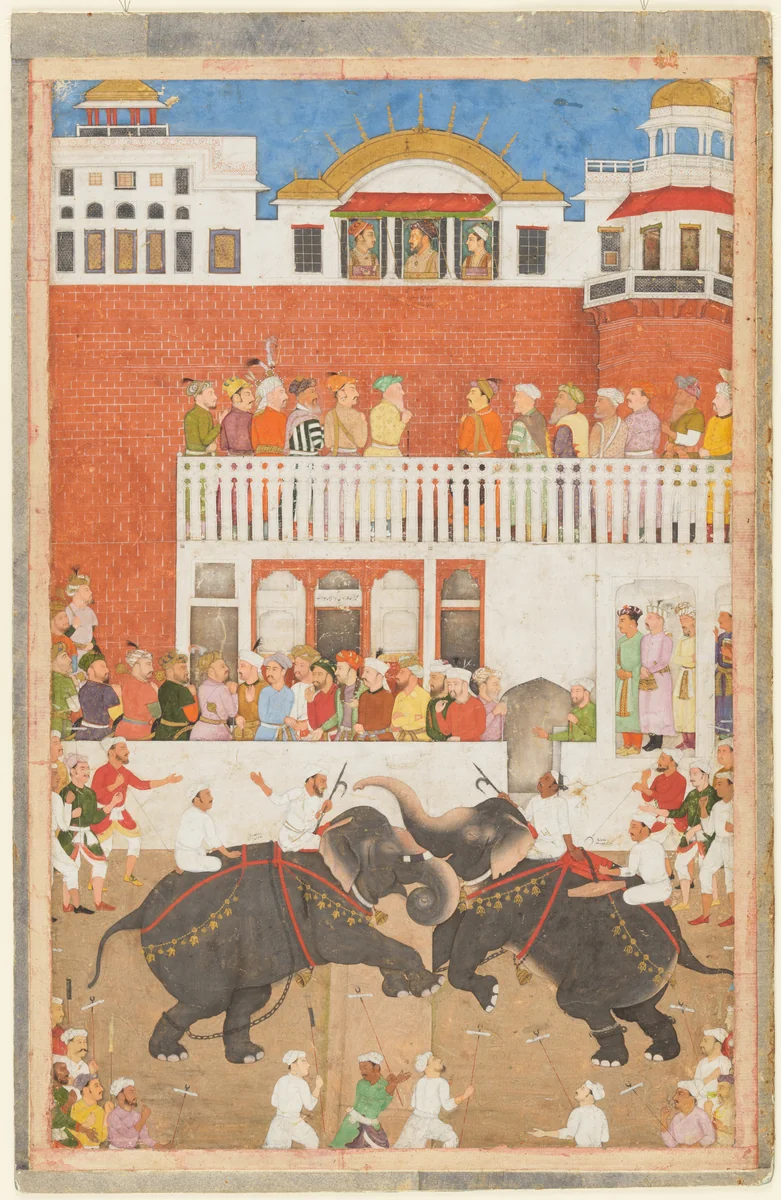 "Shah Jahan Watching an Elephant Fight", Folio from a Padshahnama by Bulaqi, manuscript, 1614-1664