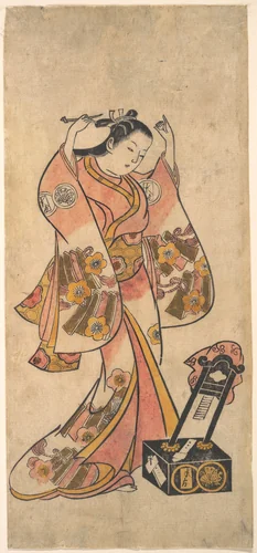 Sanjō Kantarō as a Woman Arranging Her Hair Before a Lacquer Mirror by Torii Kiyomasu II (鳥居 清倍), print, 1663-1763