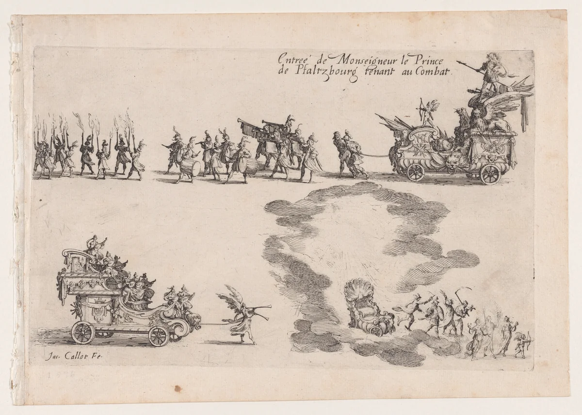 Entrée du Prince de Pfalzbourg (Entrance of the Prince of Pflazbourg), from Le Combat a la Barrière in the Palace at Nancy by Henri Humbert, printed by Sebastien Phillipe by Jacques Callot, print, 1627