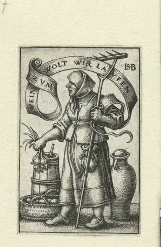 Boerin verkoopt haar produkten op markt by Unknown, print, 1510-1550
