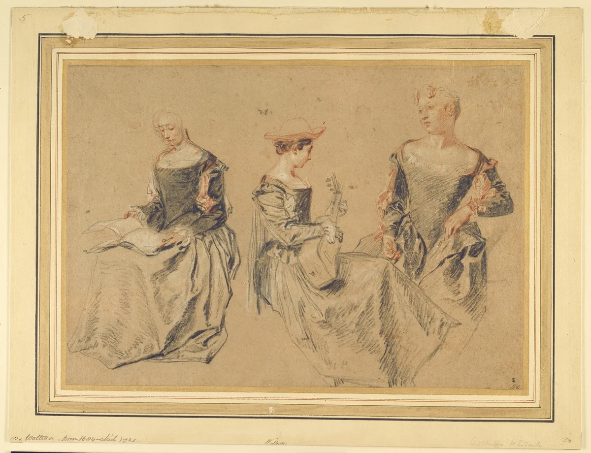 Three Studies of Seated Women by Jean-Antoine Watteau, drawing, 1710-1720