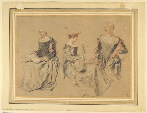 Three Studies of Seated Women by Jean-Antoine Watteau, drawing, 1710-1720