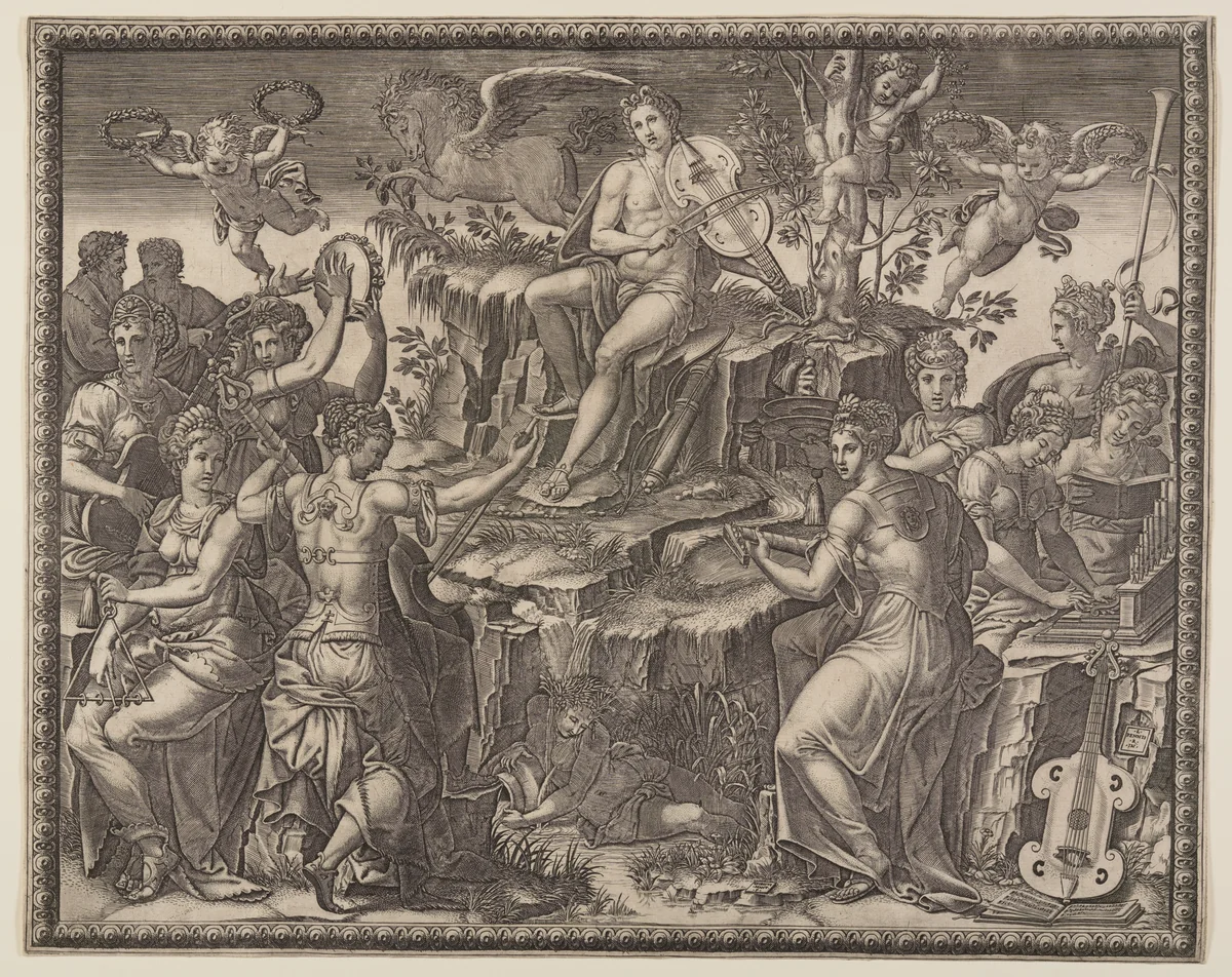 Apollo and the Muses on Mount Parnassus by Giorgio Ghisi, print, 1557