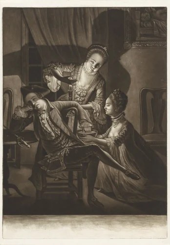 Twee vrouwen houden de hand van een slapende man in het water by John Greenwood, print, 1768