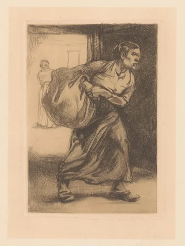 Vrouw die een zak draagt by Johannes Josephus Aarts, print, 1881-1934