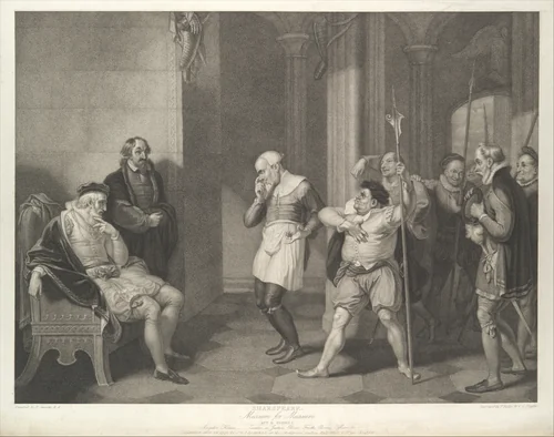 Angelo's House–Escalus, a Justice, Elbow, Froth, Clown, Officers, etc. (Shakespeare, Measure for Measure, Act 2, Scene 1) by Thomas Ryder, print, 1798