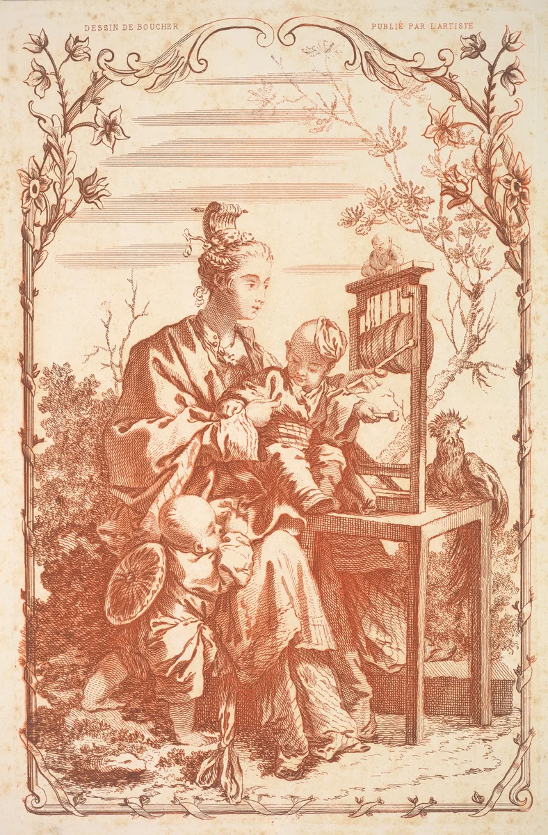 A Woman and Children Playing with a Chinese Gong by François Boucher, print, 1800-1900