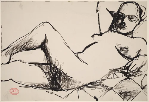 Untitled [female nude reclining on a checkered blanket] by Richard Diebenkorn, drawing, 1955-1967