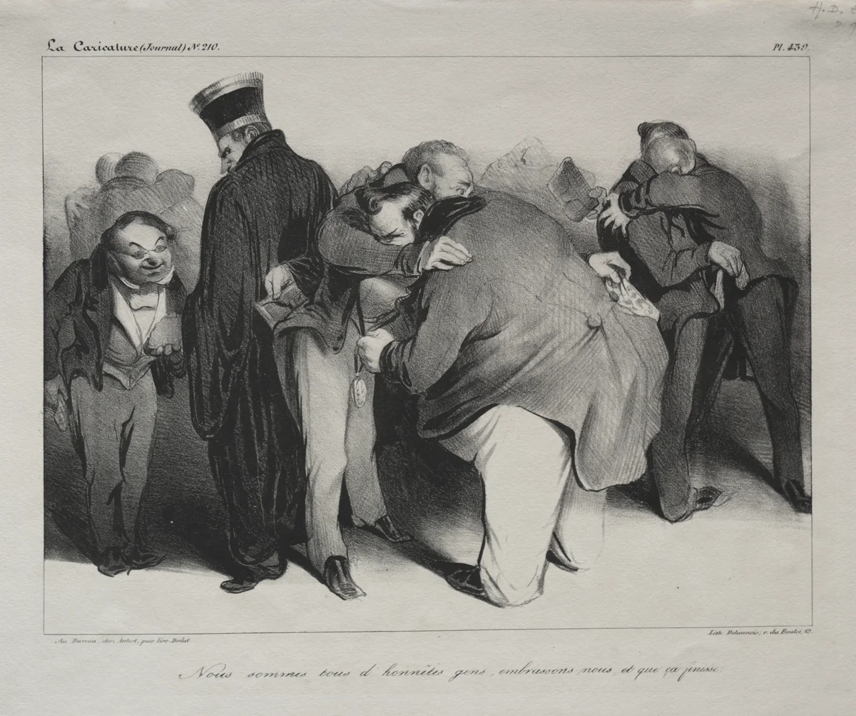 We are all honest men, so let us embrace and be done with it by Honoré Daumier, print, 1834