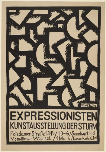 Poster for Expressionists' Art Exhibition at Der Sturm (Expressionisten Kunstausstellung Der Sturm) by Rudolph Bauer, design, 1916