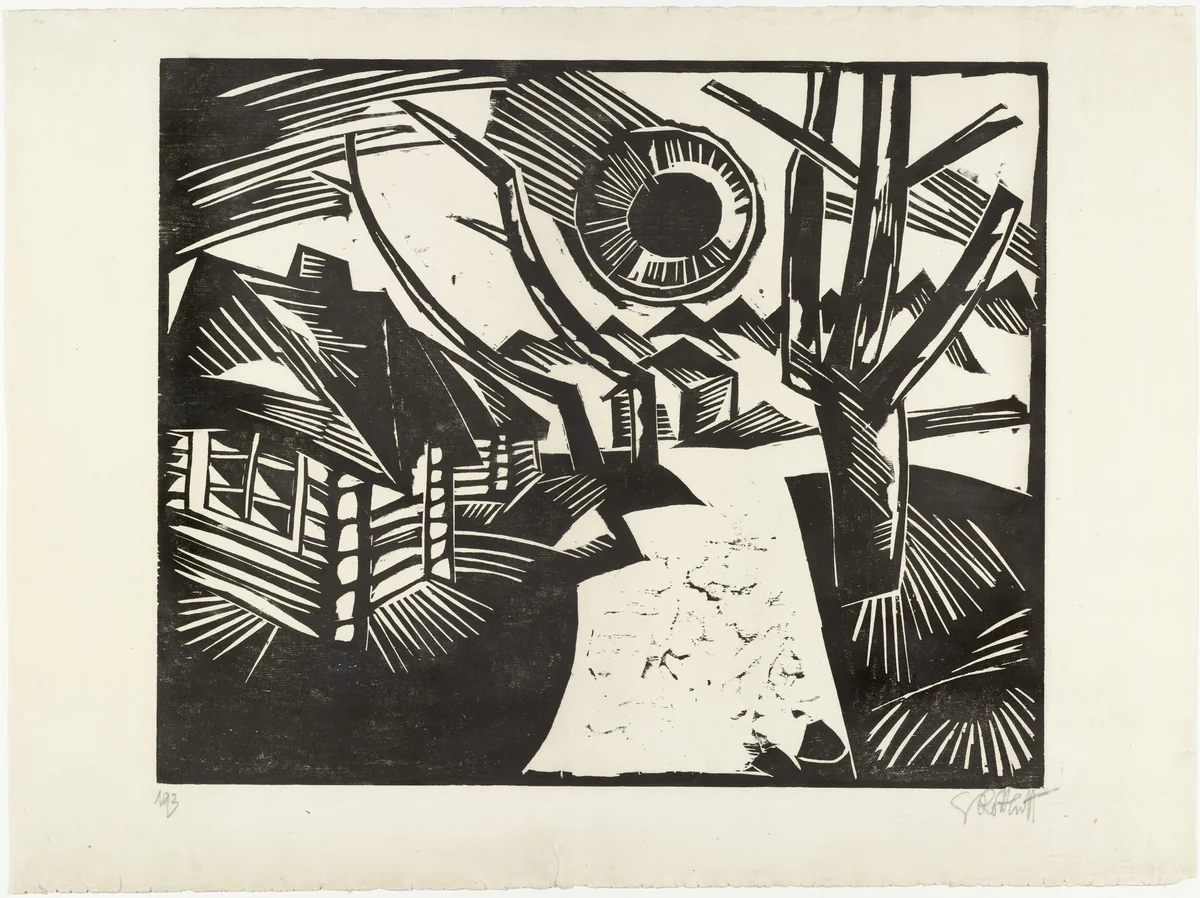 Russian Landscape with Sun (Russische Landschaft mit Sonne) by Karl Schmidt-Rottluff, print, 1919