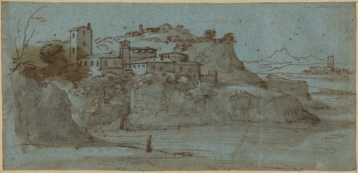 Village atop a River Cliff [recto] by Master of the Blue Landscapes, drawing, 1570-1710