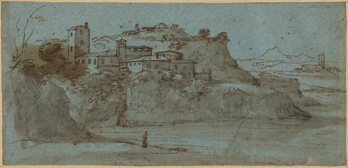 Village atop a River Cliff [recto] by Master of the Blue Landscapes, drawing, 1570-1710