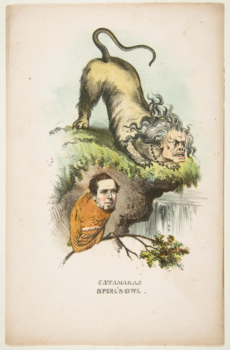 Catamaran and Speel's Owl (Charlotte Chushman and Joseph A. Speel), from "The Comic Natural History of the Human Race" by Henry Louis Stephens, print, 1851