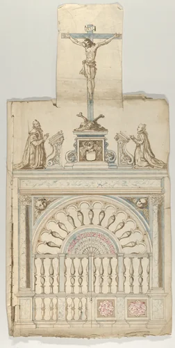 Design for a Choir Screen with Donor Statues flanking a Crucifix by anonymous, drawing, 1600-1699