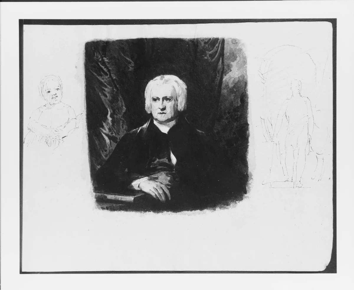 Half-length Portrait of a Seated Mature Gentleman; a Smiling Girl; a Full-length Portrait of a Man Before an Arch (from Sketchbook) by Thomas Sully, artwork, 1810-1820