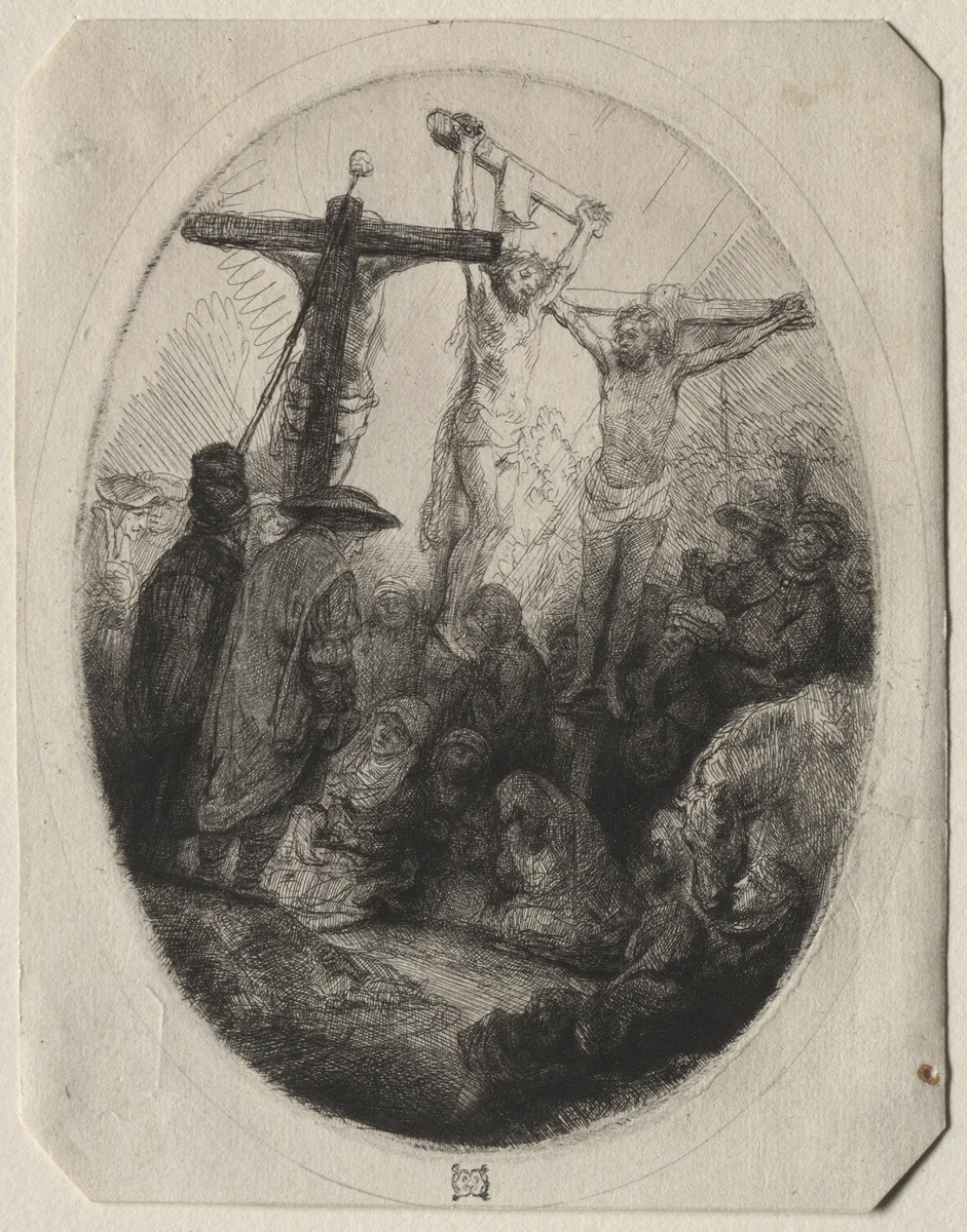 Christ Crucfied Between Two Thieves: An Oval Plate by Rembrandt van Rijn, print, 1636-1646