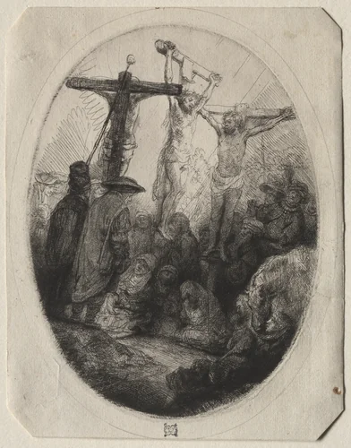 Christ Crucfied Between Two Thieves: An Oval Plate by Rembrandt van Rijn, print, 1636-1646