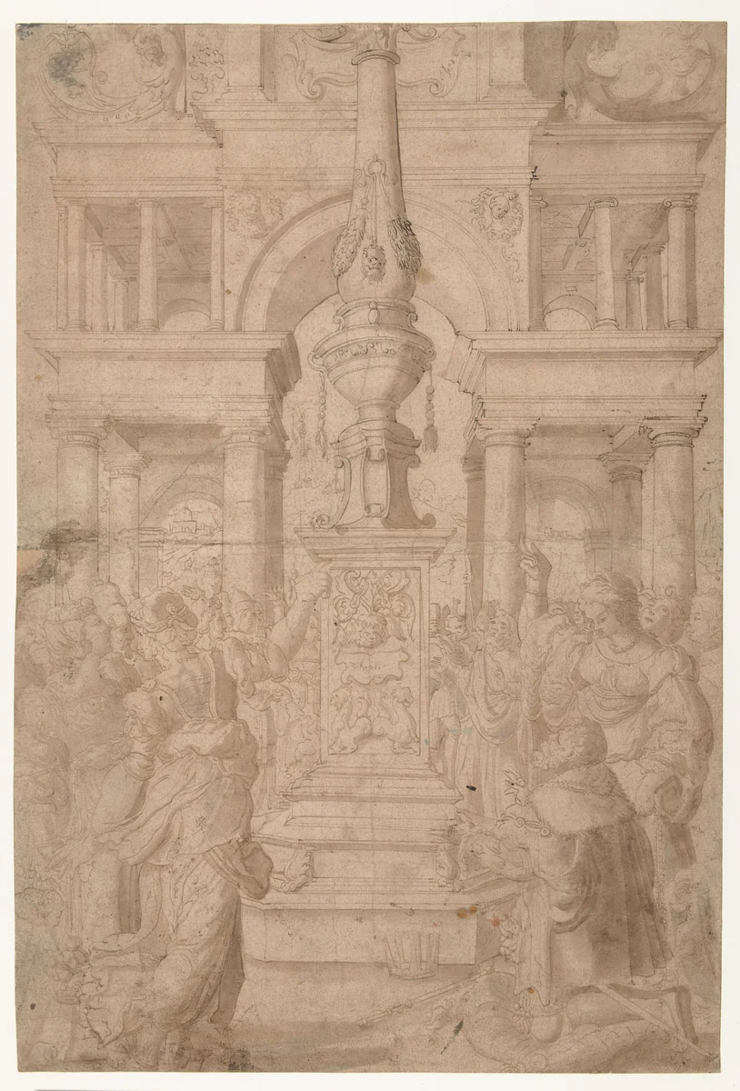 Salomon aanbidt een afgodsbeeld by Adriaen Pietersz Crabeth, drawing, 1500-1553
