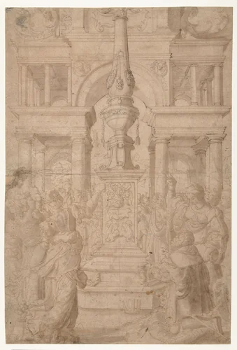 Salomon aanbidt een afgodsbeeld by Adriaen Pietersz Crabeth, drawing, 1500-1553