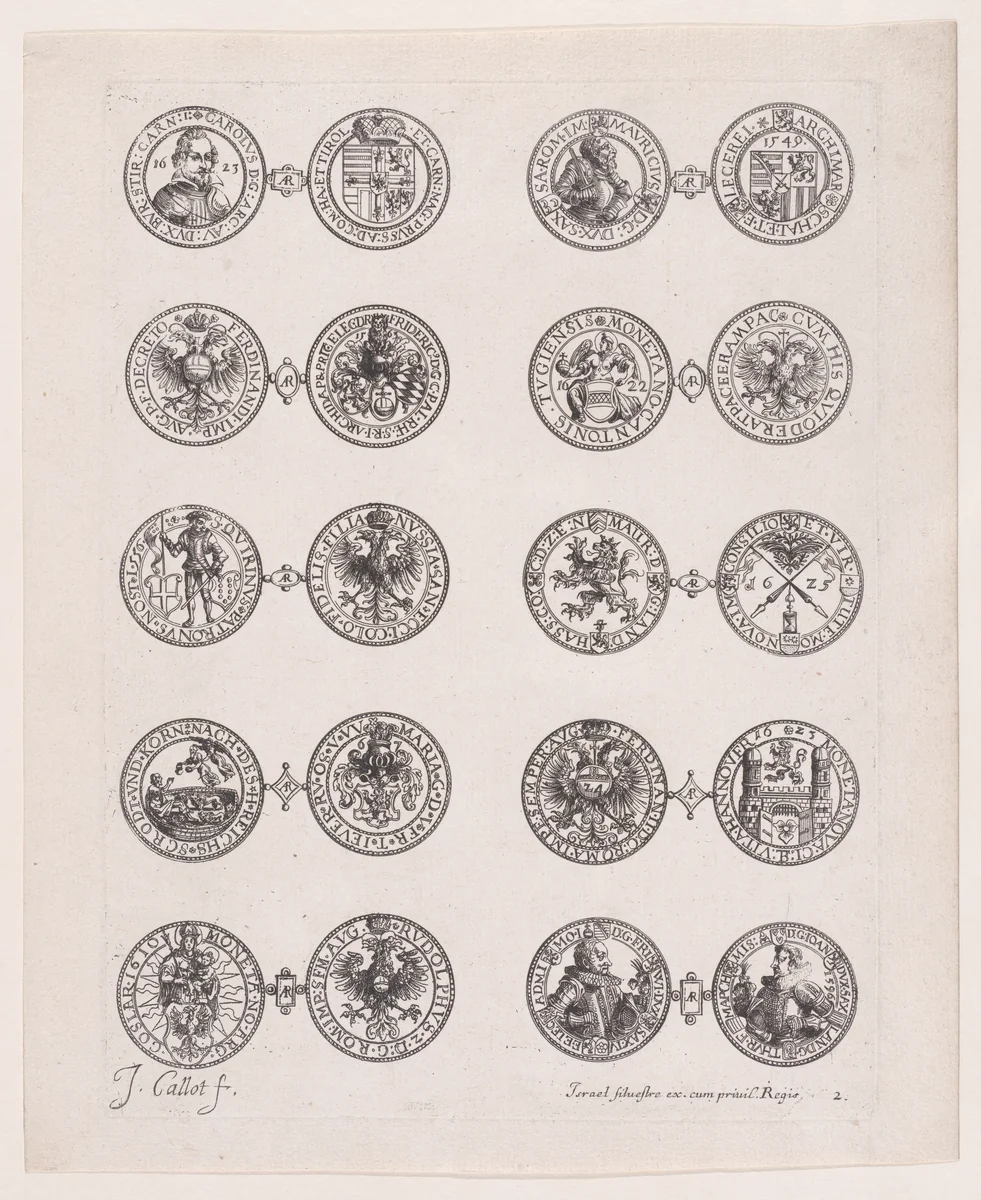 Plate 2, Featuring 10 Coins Issued by European Princes in the 16th and 17th centuries, from "Les Monnaies" (The Currencies) by Jacques Callot, print, 1625-1635