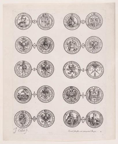 Plate 2, Featuring 10 Coins Issued by European Princes in the 16th and 17th centuries, from "Les Monnaies" (The Currencies) by Jacques Callot, print, 1625-1635