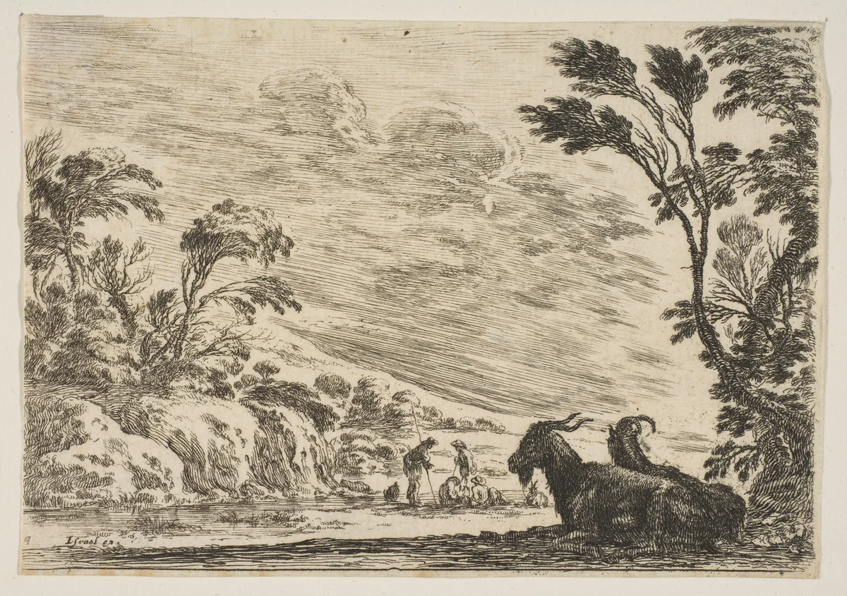 Two goats resting to right, turned towards the left, four men and a horse in a river in the background, plate 9 from "Various Figures" (Agréable diversité de figures) by Stefano della Bella, print, 1642