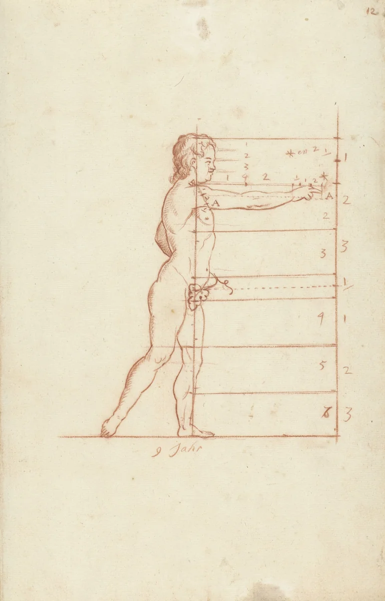 Proportiestudie van een jongen van negen jaar, zijaanzicht by anonymous, drawing, 1700-1800