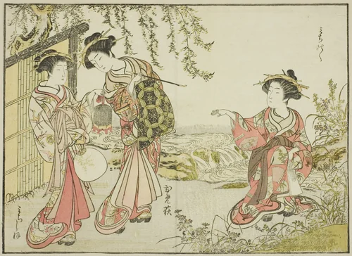 Courtesans of the Kadotsutaya, from the book "Mirror of Beautiful Women of the Pleasure Quarters (Seiro bijin awase sugata kagami)," vol. 1 by Katsukawa Shunsho (勝川 春章), print, 1776