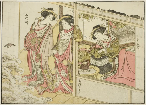Courtesans of the Nakaomiya, from the book "Mirror of Beautiful Women of the Pleasure Quarters (Seiro bijin awase sugata kagami)," vol. 2 by Katsukawa Shunsho (勝川 春章), print, 1776