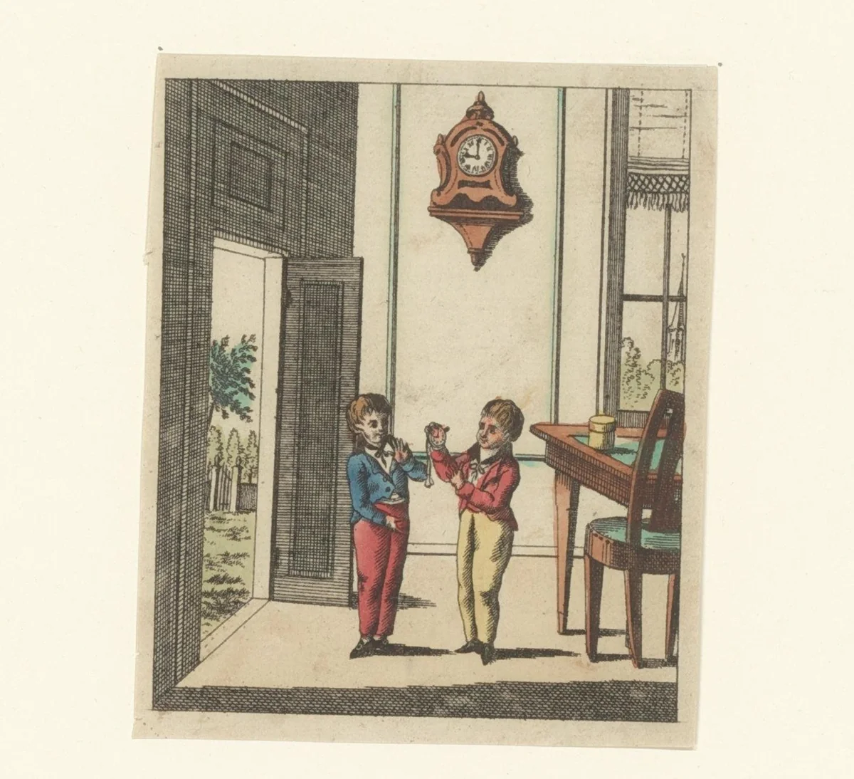 Twee jongens met een klok by anonymous, print, 1800-1899