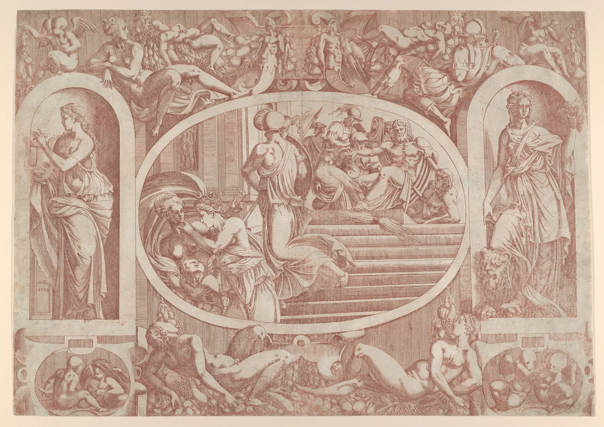 Artemis, Athena and Aphrodite Leaving Olympus by Antonio Fantuzzi, print, 1543