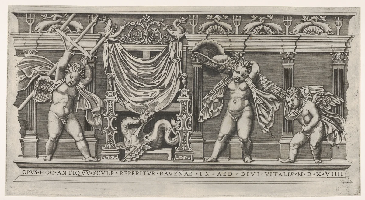 Le Bas Relief aux Trois Amours (The Throne of Neptune) by Marco Dente, print, 1519