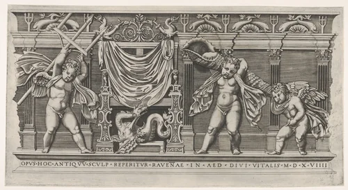 Le Bas Relief aux Trois Amours (The Throne of Neptune) by Marco Dente, print, 1519