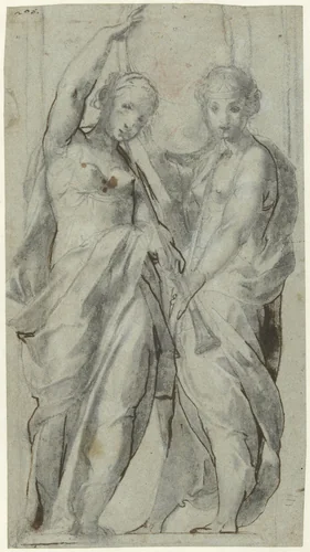 Twee vrouwen met bazuinen aan de mond by Giulio Cesare Procaccini, drawing, 1586-1588