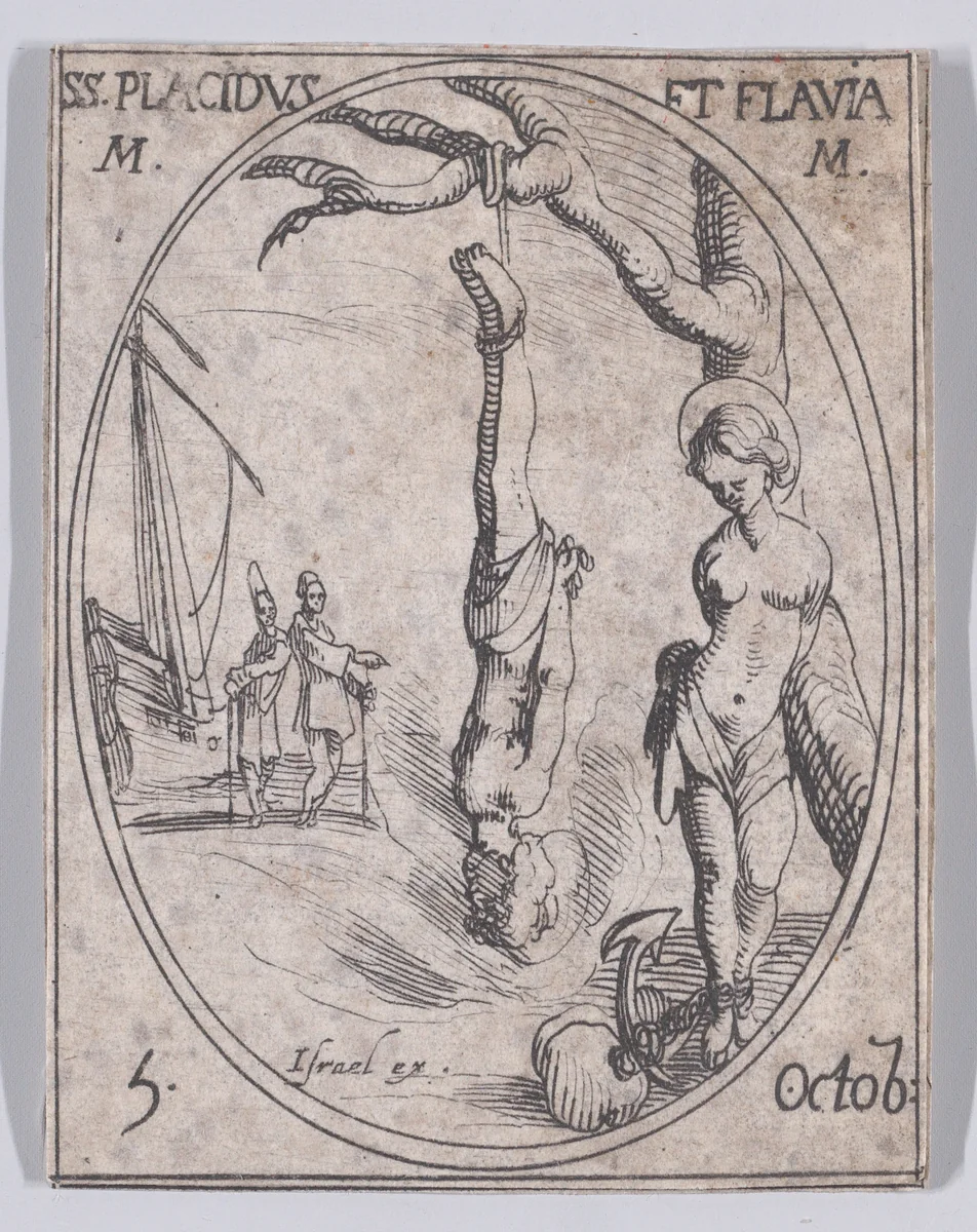 Ste. Placide et Ste. Flavie, martyres (St. Placid and St. Flavia, Martyrs), October 5th, from "Les Images De Tous Les Saincts et Saintes de L'Année" (Images of All of the Saints and Religious Events of the Year) by Jacques Callot, print, 1636