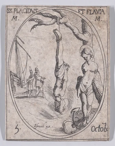 Ste. Placide et Ste. Flavie, martyres (St. Placid and St. Flavia, Martyrs), October 5th, from "Les Images De Tous Les Saincts et Saintes de L'Année" (Images of All of the Saints and Religious Events of the Year) by Jacques Callot, print, 1636
